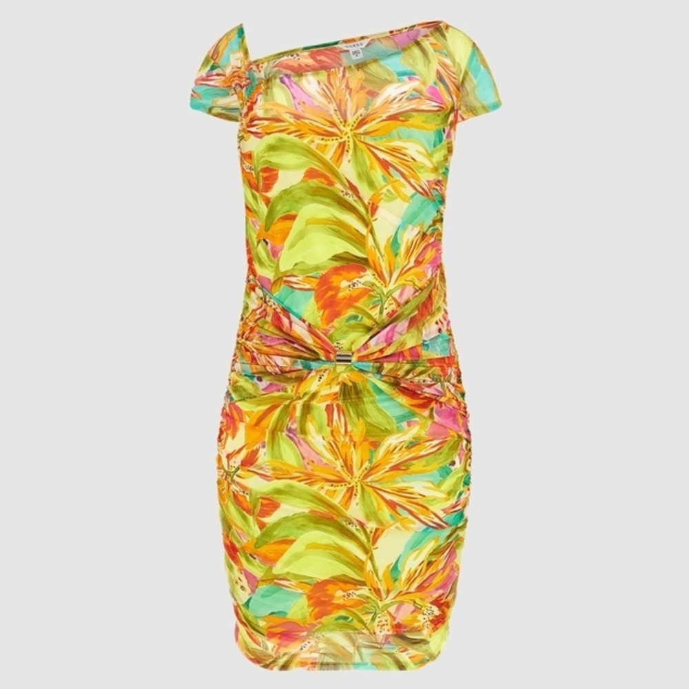 NWT Guess Layla Tropical Knot Accent Mini Dress Yellow Multi Size S